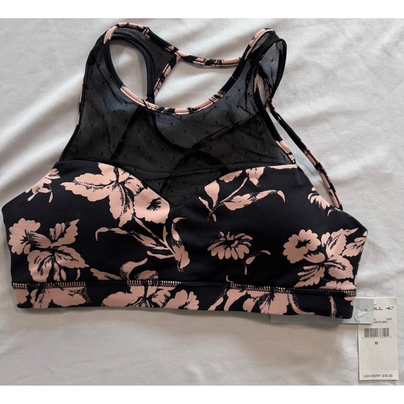 O'Neill Other - O'Neill Clara Sports Bra Black Pink Floral Mesh High Neck Medium SU7475003 NWT